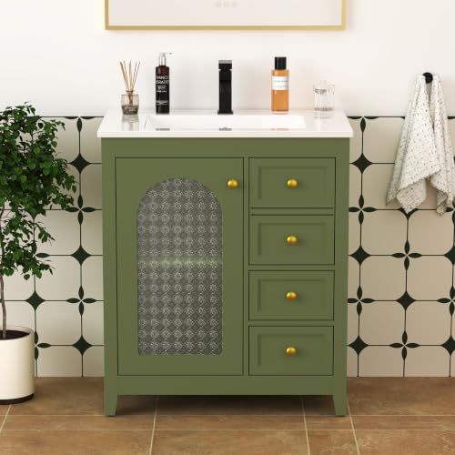 Higorl 30” Bathroom Vanity with Sink, Modern Freestanding Bathroom Cabinet with Soft-Close Glass Door, 3 Drawers and Adjustable Shelve, Quick Assembly Storage Cabinet, Green