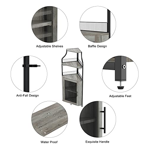 Amyove Corner Wine Bar Cabinet with Detachable Wine Rack, Industrial Wine Cabinet with Glass Holder, Small Sideboard and Liquor Coffee Bar Cabinet with Mesh Door, Grey