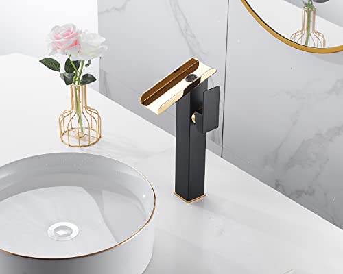 Led Bathroom Vessel Sink Faucet Black&Gold Waterfall Single Handle 1 Hole Matching Pop Up Drain Without Overflow Lavatory Vanity Basin Tap Deck Mount Farmhouse Bowl Sink Bath Faucets Combo Deck Mount #TOP4