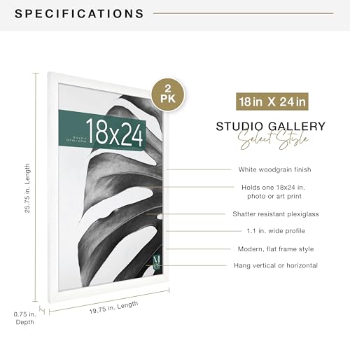 MCS Studio Gallery 18x24 Poster Frame White Woodgrain, Vertical & Horizontal Wall Hanging Large Picture Frame for Photos, Posters & Art Prints (2-Pack)