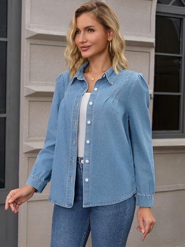 Women Denim Tops Pleated Front Puff Long Sleeve Lightweight Button Down Jean Shirts3