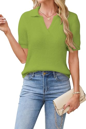 Image of Cakulo Womens Fuzzy Cropped Short Sleeve V Neck Fall Sweaters Polo Collared Knit Pullover Sweater Bright Green L