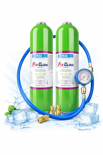 FixClima R32 Kältemittel 2x400g PlusOil Inkl. Schlauch Manometer & Adapter Nachfüllgas für Klimaanlagen für Split & Monoblock Systeme Starke Kühlleistung Profi Qualität für Schnelle Anwendung