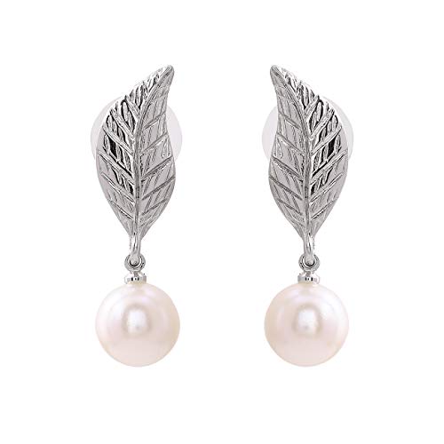 Rhodium Leaf Pearl Drop Earrings