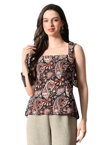 Image of Amazon Brand - Tavasya Women Floral Printed Short Kurti | Stylish Square Neck & Back Back Design with String Ties | Sleeveless Modern Top