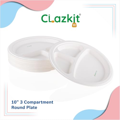 Image of Clazkit 10 Inch 50 Pack, 3-Compartment Disposable Bagasse Plates | Eco-Friendly, Biodegradable, Sugarcane Paper Plates | for Serving Dinner | Birthday, Wedding & Party | Round