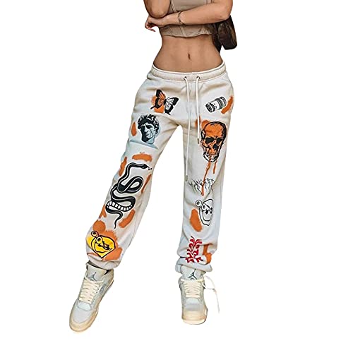 Argeousgor Graffiti Skull Print Baggy Sweatpants for Women Loose Street Jogger Pants Elastic Waist Sporty Athletic Lounge Trousers(Fleece-Skull White,M)