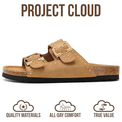 Image of Project Cloud 100% Genuine Leather Flat Sandals For Women 2026 Cork Footbed Womens Sandals with Memory Foam and arch support Vacation Essentials Slides for Women Footwear (Venita)