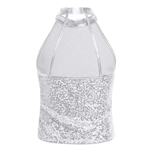 Runqhui - Camiseta de baile para niña, con lentejuelas brillantes y sin mangas halter cuello Top traje danza moderna jazz Hip hop Gimnasia Show Carnaval 3-16 años, Tipo A Plata, 7-8 Años