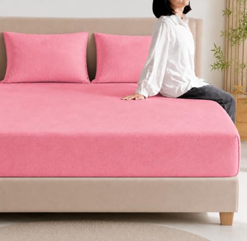 Image of Warm Flannel (Flano) King Size 345 TC Winter Fitted Bedsheet | All Side Elastic Premium Winter Soft Velvet Furnishing Bed Sheet with 2 Big Pillow Cover Size - 72 x 78 X 8 Inches Solid Pink