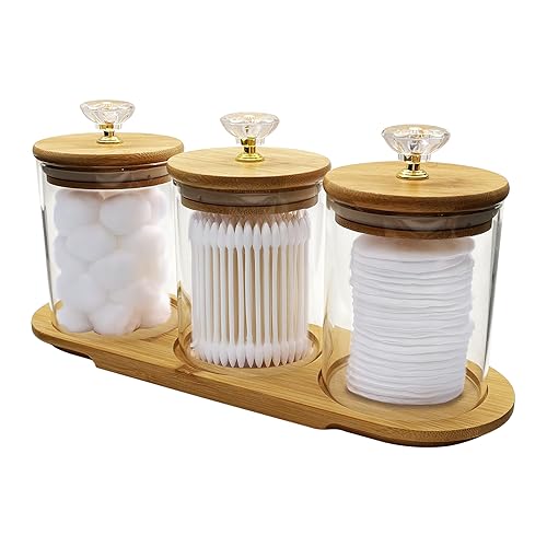 Qtip Holder Dispenser Bathroom Set with Bamboo Tray, 14 oz Airtight Glass Jars Organizer with Diamond Lid for Cotton Ball, Cotton Swab, Cotton Round Pads, Floss Picks, 3 Pack