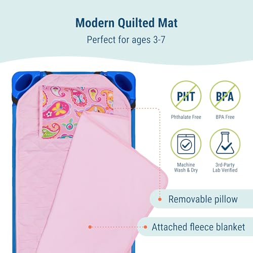 Image of Wildkin Modern Kids Nap Mat with Pillow for Girls - Soft & Cozy Cotton Blend, Elastic Straps, Toddler Sleep Mat for Daycare, Preschool, Kindergarten & Travel, Ages 3-7, Machine Washable - Paisley