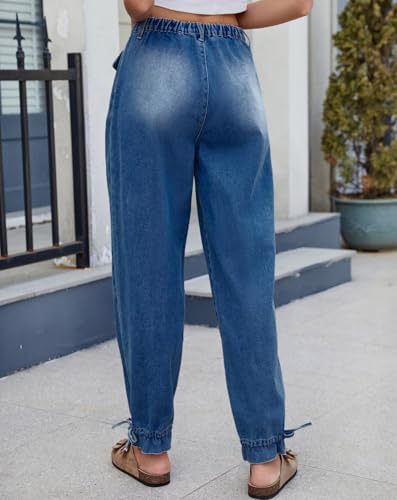 Women's Casual Mid Waist Cargo Jeans Stretch Parachute Denim Pants with Pockets2