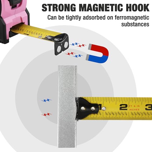 Image of WORKPRO 16FT Pink Tape Measure, 1 /8 Fractions Easy Read Measuring Tape | Retractable Nylon Coating Measurement Tape Accuracy 1 /32, Magnetic Hook, Belt Clip, Rubber Protective Casing