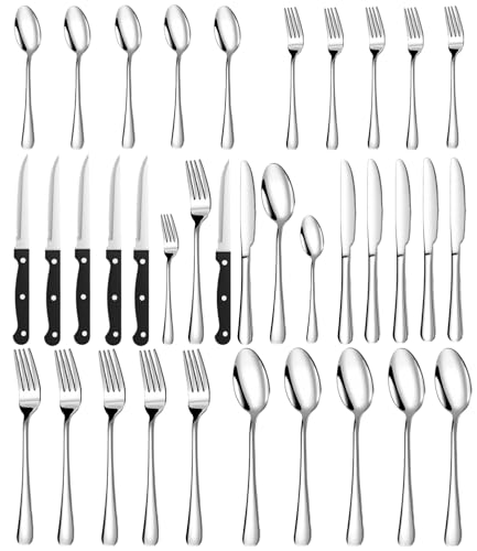 Fiabgum Juego de Cubiertos 36 Piezas, Cubiertos Acero Inoxidable, cuberterias completas 6 personas, Cutlery Set con Tenedor, Cuchara, Cuchillo, Pulido Brillante, Apto para Lavavajillas