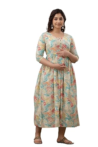 Image of The Moon Star Women's Cotton Floral Printed Anarkali Maternity Feeding Kurti | Breastfeeding Dress for Mothers | Zipper Feeding Kurti, Nursing Kurti, Comfortable and Trendy Maternity Wear