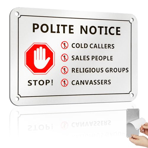 No Cold Caller Sign for Front Door Self Adhesive No Cold Callers Sticker 15x10cm Aluminium No Canvassers No Sales People Sign for Front Door with 4 Pre-drilled Holes