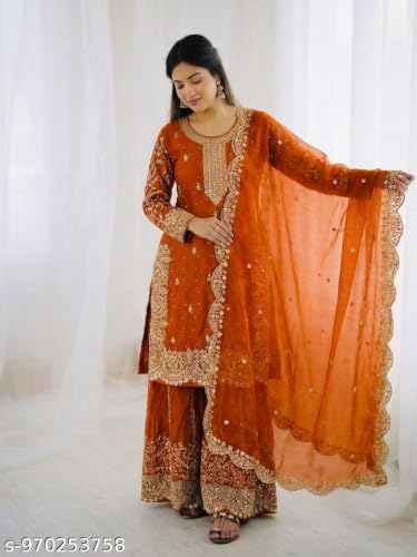 Image of Women's Casual Salwar Suit Pure Heavy Fendy Silk With Embroidery Sequence Work Full Sleeves Salwar Suit With Dupatta.Women's Ethnic Wear