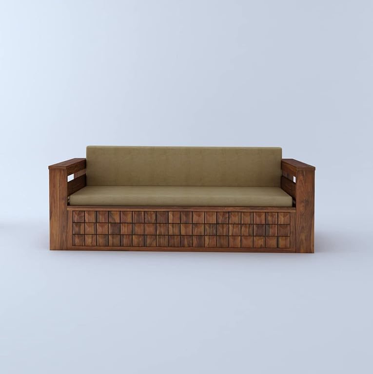 Image of Solid Sheesham Wood Sofa Cum Bed 2 Seater | Wooden Foldable Double Bed for Living Room with Storage | Bed Cum Sofa with Mattress for Home | Full Diamond Design (Honey Finish)