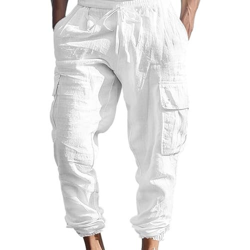 Men's Cargo Sweatpants Drawstring Joggers Relaxed Fit Stretch Linen Cotton Casual Pants with Pockets