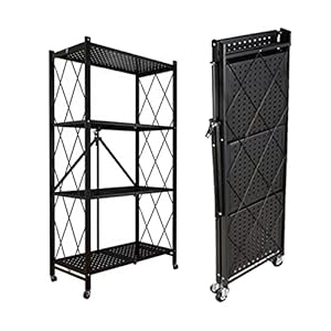 RAKU 折り畳みラック 折り畳み棚 収納棚 移動便利 ストッパー付きキャスター 組立簡単 レンジ台(4段折りたたみラック)
