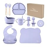 Yum Yum's Baby 10 Pcs Lavender Weaning Set - Complete Toddler Feeding Kit w/Sectioned Plate, Suction Bowls, Cutlery with Mouth Guard, Straw Cup, Bib & Mat - Non-Slip - for Toddlers & Baby Gift