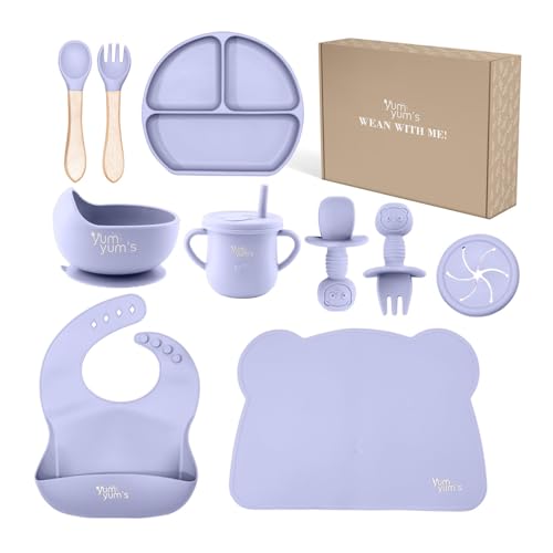 Yum Yum's Baby 10 Pcs Lavender Weaning Set - Complete Toddler Feeding Kit w/Sectioned Plate, Suction Bowls, Cutlery with Mouth Guard, Straw Cup, Bib & Mat - Non-Slip - for Toddlers & Baby Gift