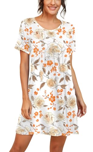 Image of PrinStory Nightgowns for Women Short Sleeve Night Gowns Pleated Sleep Shirt Ladies Nightshirt Soft Sleepwear