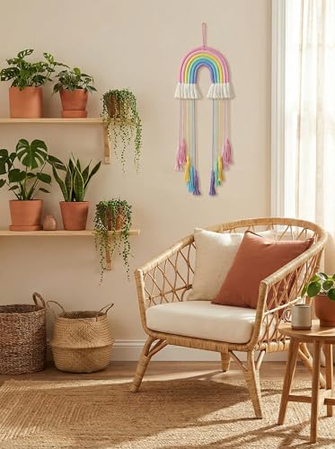 Image of JH Gallery Handmade Rainbow Macrame Wall Hanging - Colorful Cotton Rope Boho Wall Art with Tassels for Nursery, Kids Room and Bedroom Wall Decor, Cozy Home Decor for Living Room.