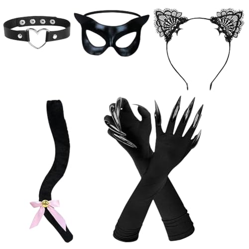 NIEEKRUN 5 peças de fantasia de gato para mulher, orelhas de gato, bandana, colar, de gato, luvas, carnaval, disfarce, cosplay para mulher, Halloween, gato, cosplay, acessórios de festa