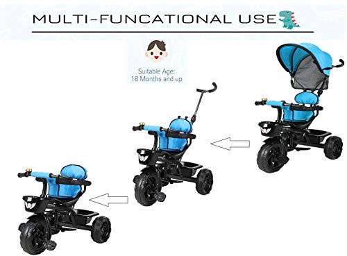 Image of JoyRide 3 in 1 Baby Tricycle Toddler Stroller Kids Pedal Tricycle w /Pusher Removable Canopy Safety Bar Storage Footrest for 18 Months to 5 Years (Blue)