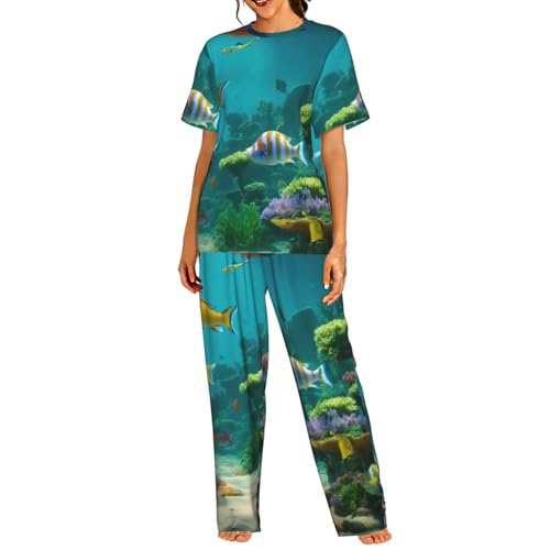 Pyjama court femme imprimé poisson bleu idéal pour vos matinées détendues