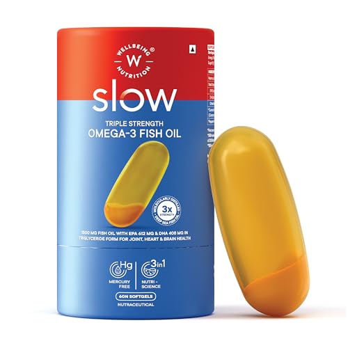 Image of Wellbeing Nutrition Slow Triple Strength Omega 3 Fish Oil Capsules for Men and Women 1240mg | 620mg EPA, 397mg DHA | Advanced Omega 3 Supplement with Curcumin for Brain, Joint & Heart (60 Capsules)