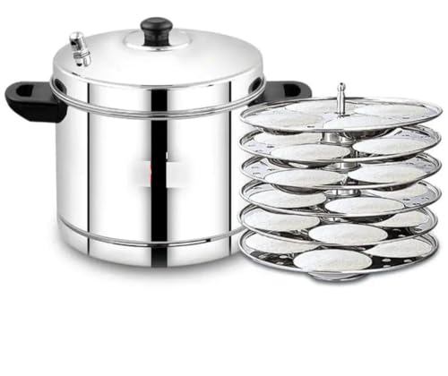 Indian Idlii Maker Stainless Steel Idly Cooker,Induction & Standard Idli Maker Indian Kitchen Item 6 Plates Silver (6 Plates, 24 Idlis)