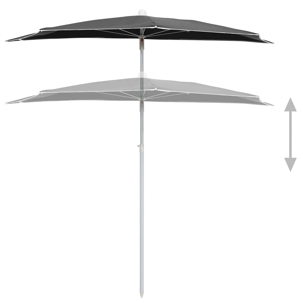 Mezzo ombrellone da 180 x 90 cm, nero, per balcone, terrazza e giardino, salvaspazio, con palo in acciaio e 5 stecche, facile da montare