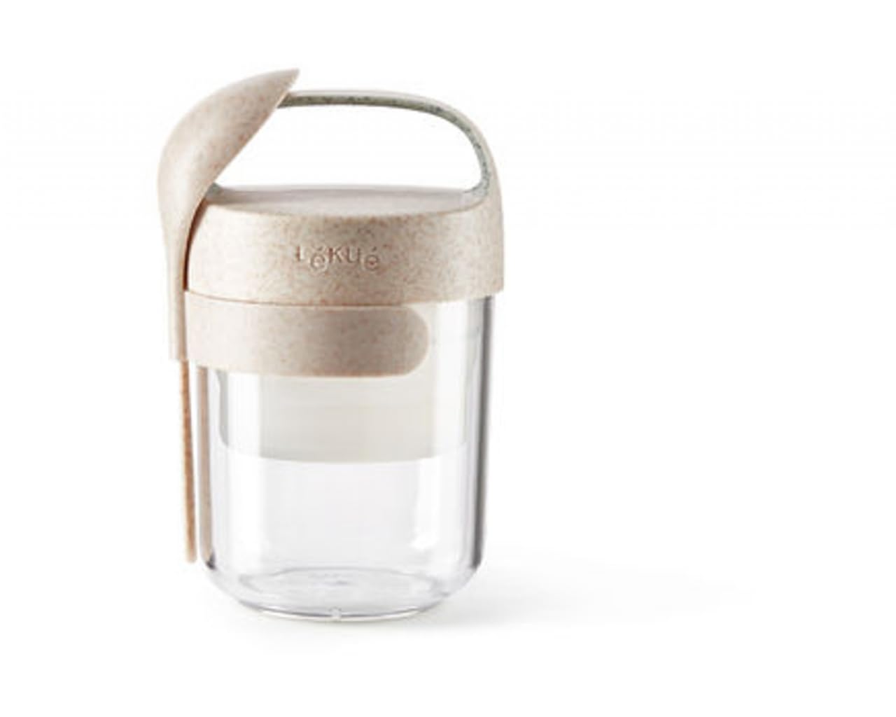 Lékué Organic Reusable Food Jar To Go + Spoon | 14 oz | Beige | Glass Travel Cup with Protective Rubber Casing, Screwtop Lid | 100% Leakproof &