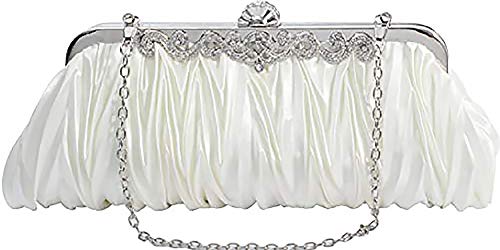 PULAMA Clutch Purse for Women, Pleated Satin Bridal Clutch Crossbody Evening Bag for Wedding & Prom Party, Ivory White