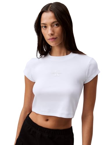 Calvin Klein Women's Monogram Logo Ribbed Baby Tee Brilliant White