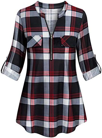 Tanst Sky Womens Casual Long Sleeve Zipped V Neck Plaid Tunic Blouses