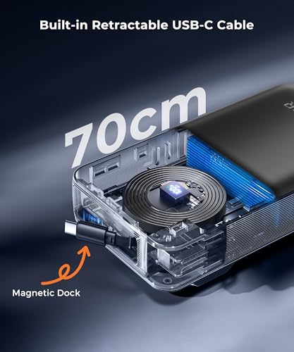 Image of Portable Charger Power Bank - Battery Pack 35W AC Plug GaN 10000mAh Built in Cable USB C Phone Fast Charging Powerbank Compatible with iPhone 16 15 14 13 12 11 X iPad MacBook Samsung (Black)