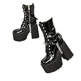MeiLuSi Botas góticas de plataforma de tacón alto de bloque grueso para mujer de moda con tachuelas de cadena de combate botines de media pantorrilla botas, Negro, 37 EU
