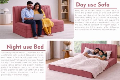 Image of Rosebell -3 Seater Armless Sofa Cum Bed with Backrest | Soft Velvet Fabric Finish | Modern Living Room & Bedroom -Rose Pink-Color