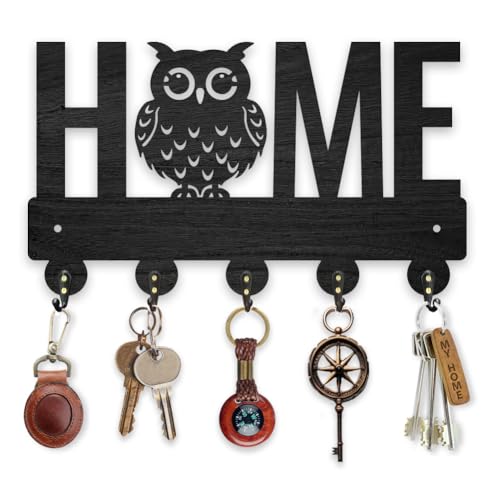 MAYJOYDIY Wooden Home Owl Key Hook Wall Mounted Animal Key Holder for Wall 30 x 17.5 cm Black Key Holder 5 Alloy Hooks Home Decor Gifts Entryway Kitchen Bathroom Storage Organizer