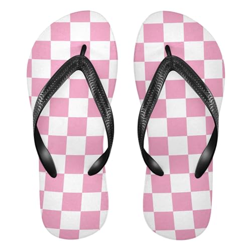 Pink Checkerboard Flip Flops for Beach Thong Sandals Anti-slip Lightweight Flat Slippers for Summer Outdoor Travel