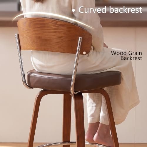 Butacos de barra giratorios suaves de 26", con tapizado grueso en cuero sintético, patas de nogal, para isla de cocina, estilo moderno, color café, juego de 2 unidades miniatura 4