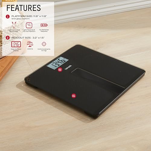 Image of Taylor Digital Bathroom Scale for Body Weight - Light Powered, No Batteries Needed, Large 11.8 x 11.8 in Black Glass Platform, 400 lb Capacity, Easy-Read 3.2 in Display