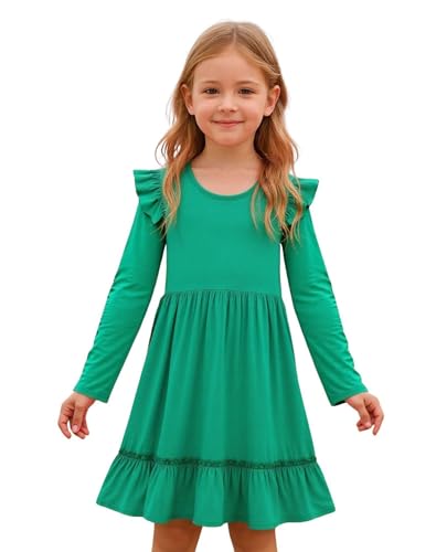 Image of Girl Long Sleeve Dress Ruffle Rainbow Color Block Cotton Casual Tiered Pleated Twirly Dress