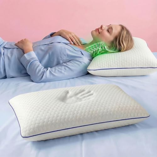 COMFORTO Classic Memory Foam Pillow Standard Size Cooling Cervical Neck Pillows Firm Support for Side & Back Sleepers Pain Relief Cushion for Snoring & Shoulder Tension (Blue Classic)