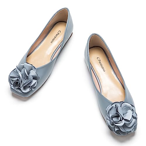 Image of C.Paravano Ballet Flats for Women | Women's Flats | Square Toe | Slip On Dress Shoes | Satin Flower Shoes