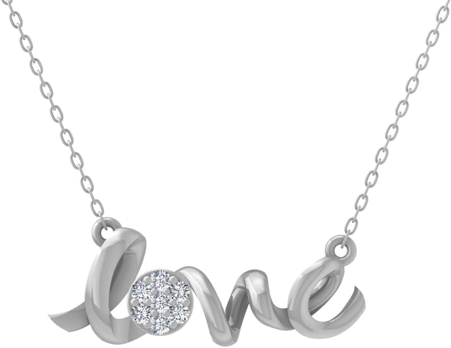1/10 Carat Lab Grown Diamond Pendant Necklace for Women | 14K Yellow or White Gold Love Pendant with Silver Cable Chain Necklace 18 Inch | D-F Color and VS Clarity